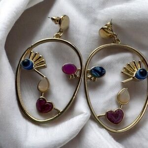 Gold Picasso face Abstract exaggerated colorful drop dangle post earrings